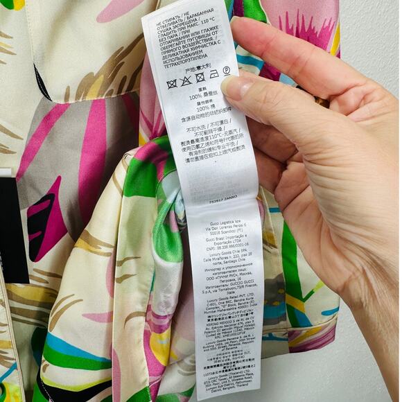 NWT Gucci Silk Tan Pink Blue Multi Floral Leaf Printed Blouse 46 / XL - Picture 14 of 16